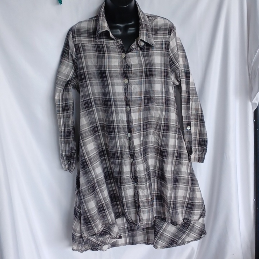 TULIP Alexandria Tunic Shirt Plaid Buttoned Front Pockets Cotton Sz S